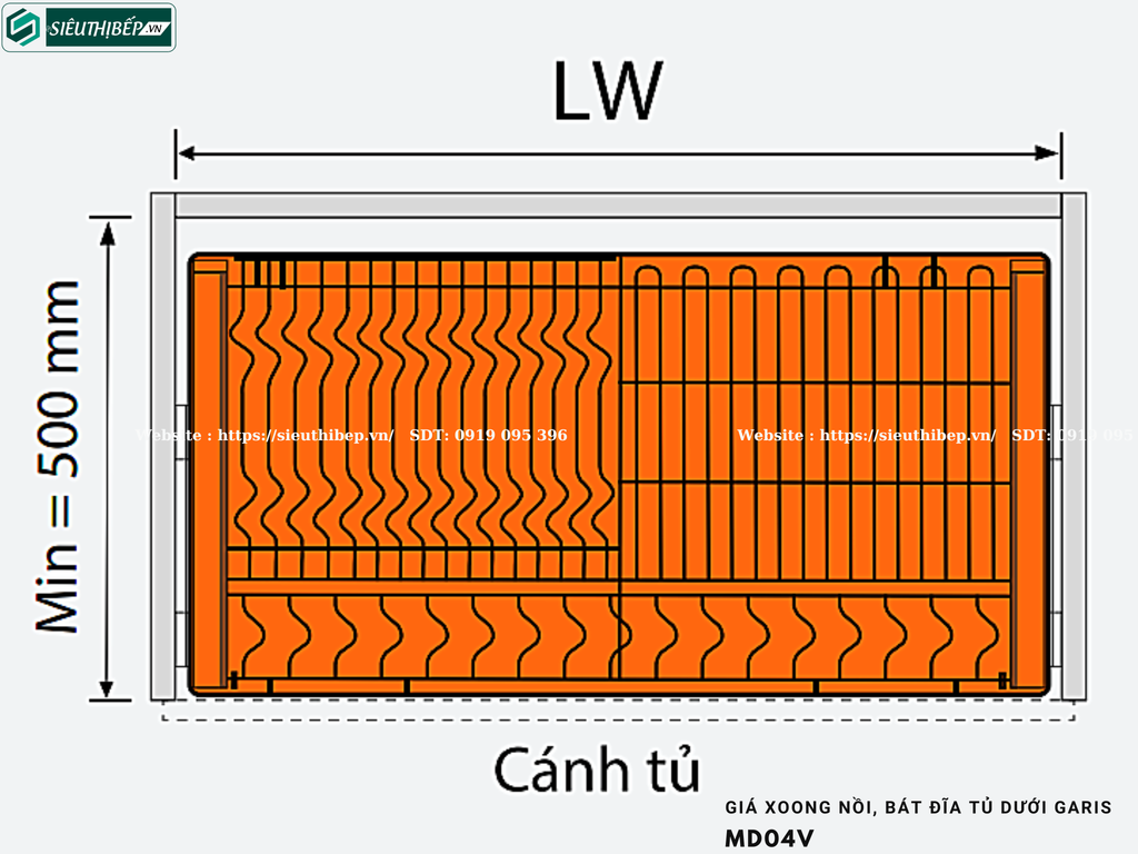 Giá xoong nồi, bát đĩa tủ dưới Garis MD04V (Nan quả trám, inox 304, bề mặt điện hóa bóng gương, dùng cho cánh mở/kéo)