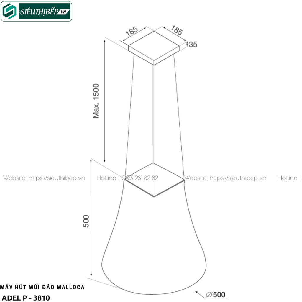 Máy hút mùi đảo Malloca ADEL P - 3810 (Treo độc lập - Made in Italy)