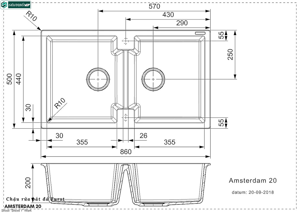 Chậu rửa bát Furst AMSTERDAM 20 (Đá 2 hộc - Made in Holland)