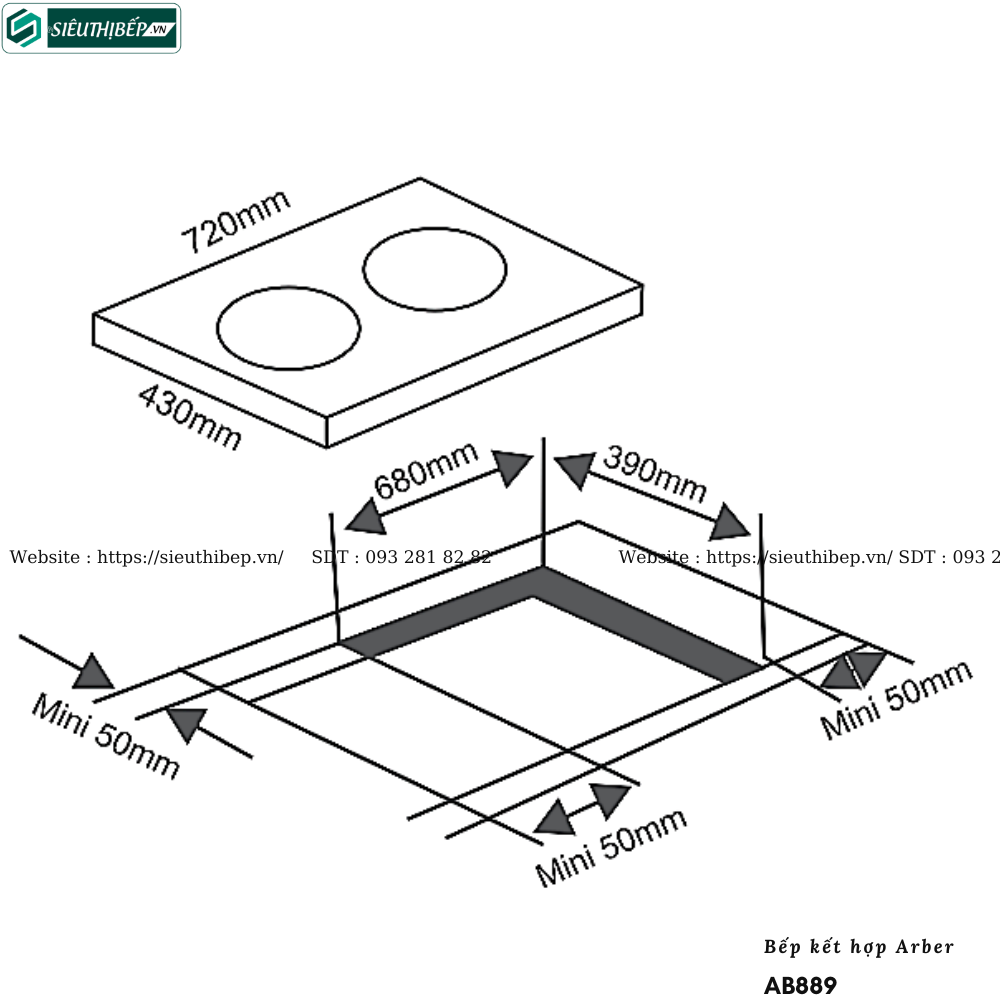 Bếp kết hợp Arber AB889 (Từ kết hợp điện - 2 vùng nấu)