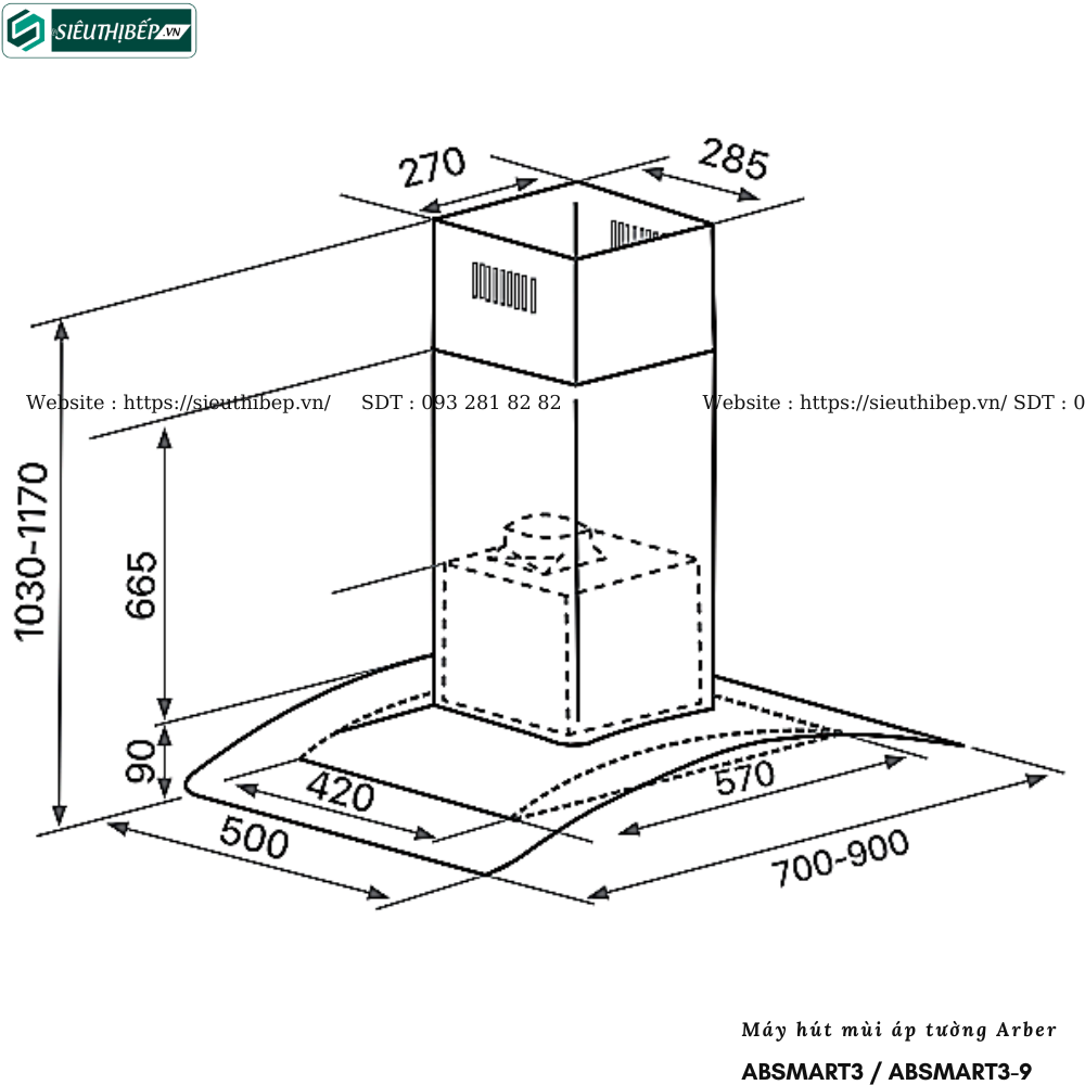 Máy hút mùi Arber ABSMART3 / ABSMART3-9 (Áp tường - Kính cong)