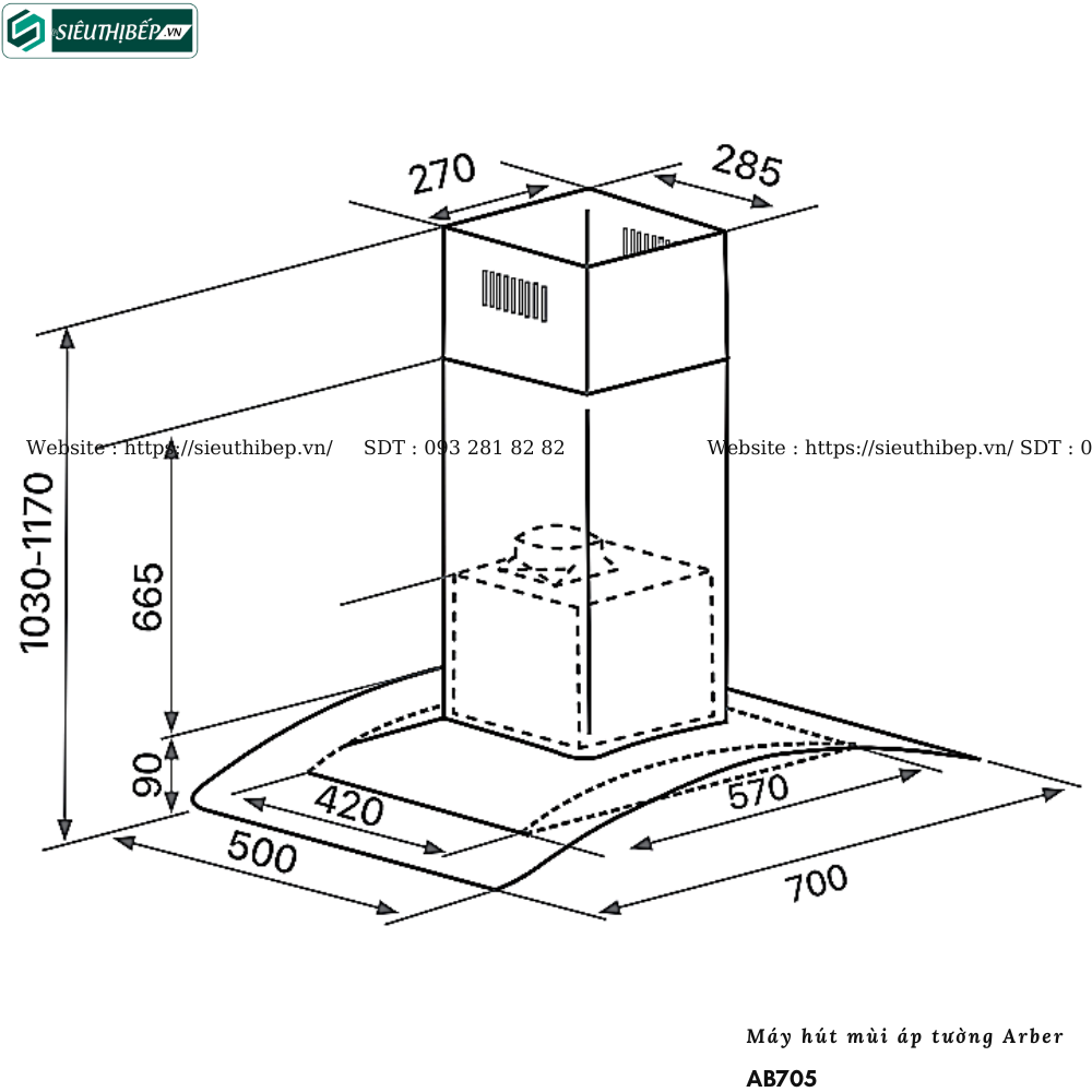 Máy hút mùi Arber AB705 (Áp tường - Kính cong)