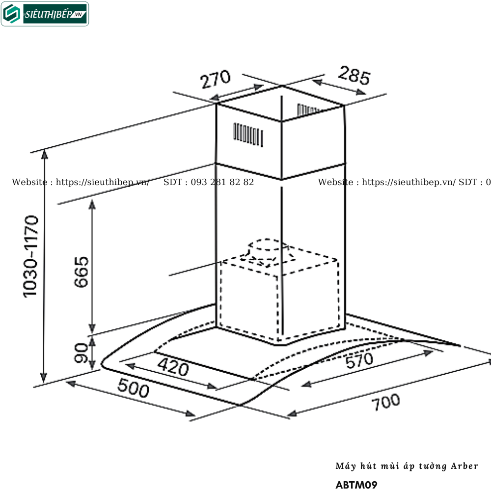 Máy hút mùi Arber ABTM09 (Áp tường - Kính cong)