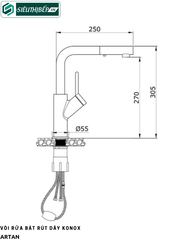 Vòi rửa bát Konox Artan Gold / Artan Rose Gold / Artan Nickel / Artan Chrome / Artan Black / Artan Grey (Rút dây nóng lạnh)