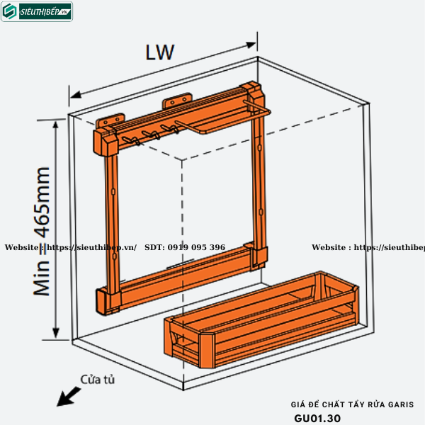 Giá để chất tẩy rửa Garis GU01.30 (Inox hộp, cánh mở, ray bắt hồi tủ)