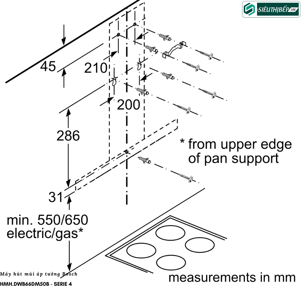 Máy hút mùi Bosch HMH DWB66DM50B - Serie 4 (Áp tường chữ T)