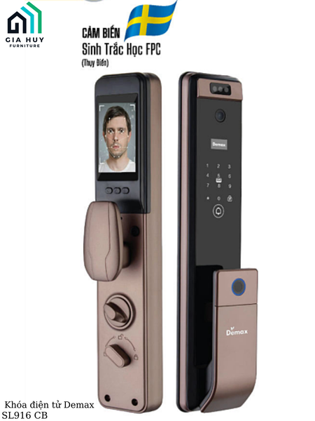 Khóa điện tử Demax SL916 CB / SL916 GS (Nâu Coffee / Xám đen - Nhận diện khuôn mặt FACE ID 3D thông minh)