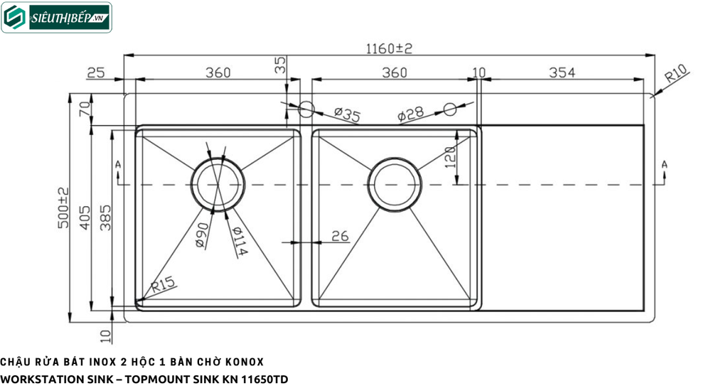 Chậu rửa bát Konox KN 11650TD - R / L (Inox 2 hộc 1 bàn chờ)