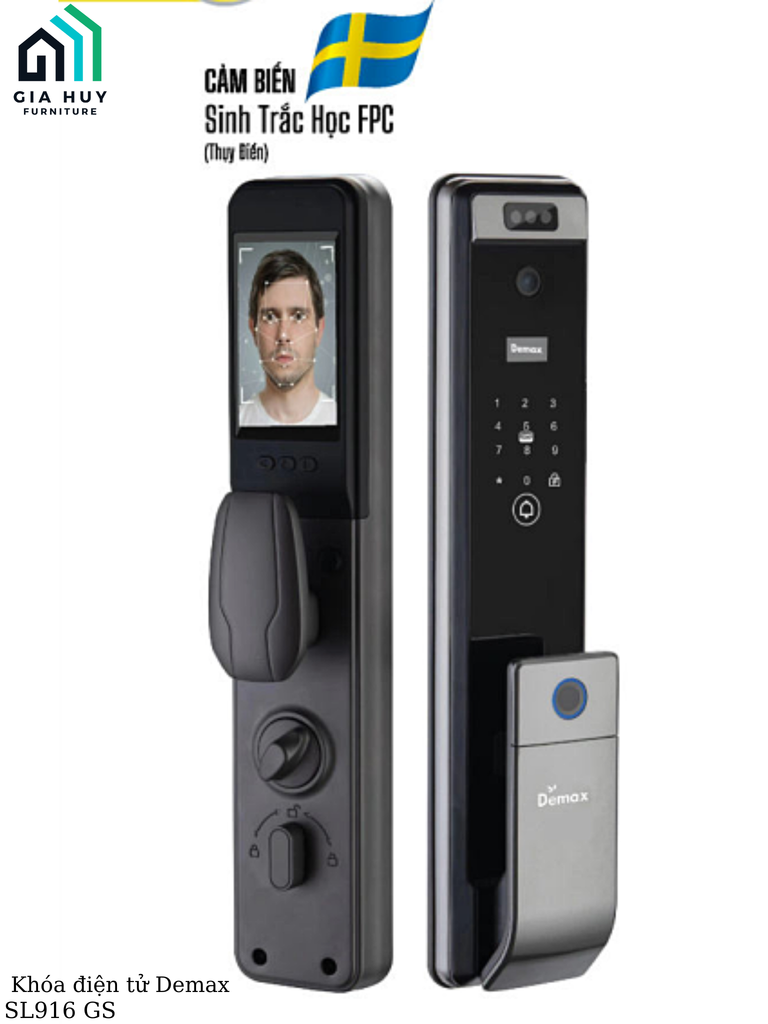 Khóa điện tử Demax SL916 CB / SL916 GS (Nâu Coffee / Xám đen - Nhận diện khuôn mặt FACE ID 3D thông minh)