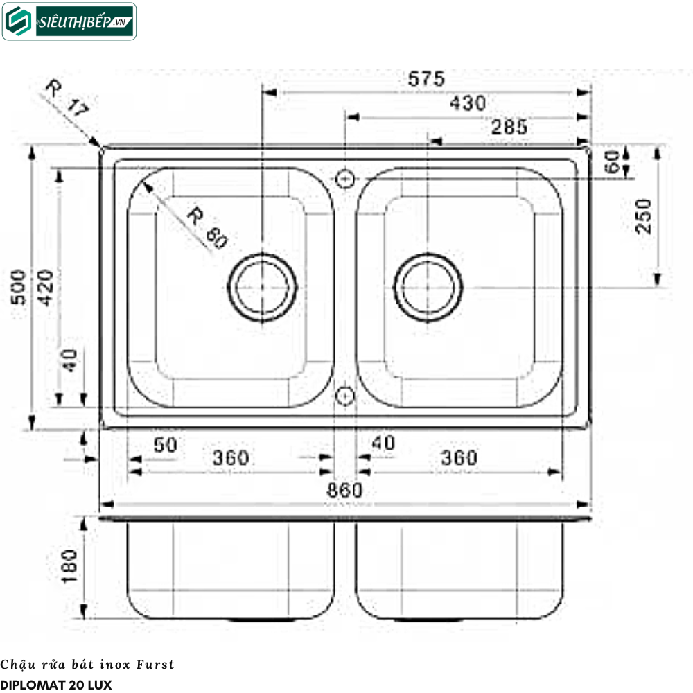 Chậu rửa bát Furst DIPLOMAT 20 LUX (2 hộc đều - Made in Holland)