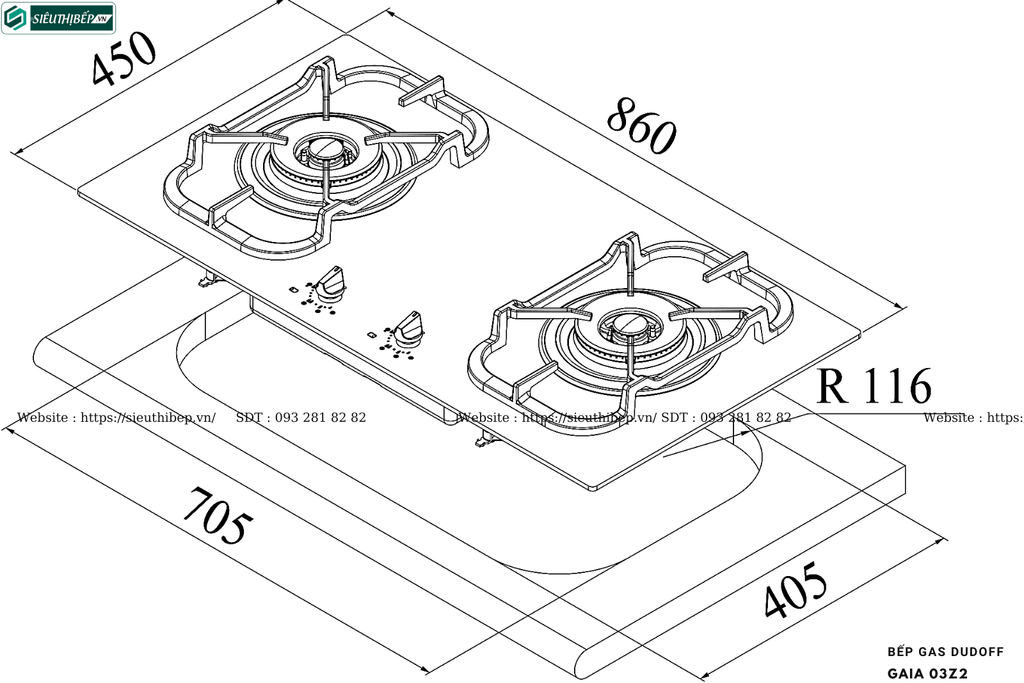 Bếp gas Dudoff GAIA 03Z2 (3 vùng nấu - Made in Italy)