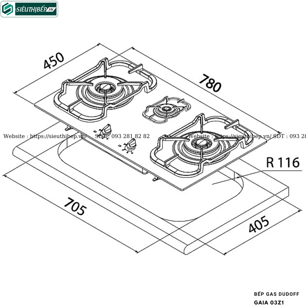 Bếp gas Dudoff GAIA 03Z1 (3 vùng nấu - Made in Italy)