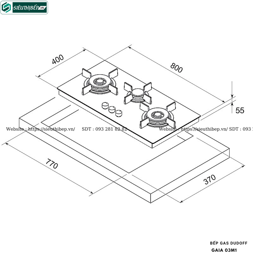 Bếp gas Dudoff GAIA 03M1 (3 vùng nấu - Made in Italy)