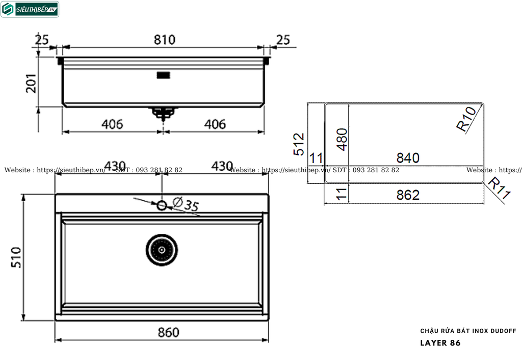 Chậu rửa bát Dudoff LAYER 86 (Inox, 1 hộc - Made in Italy)