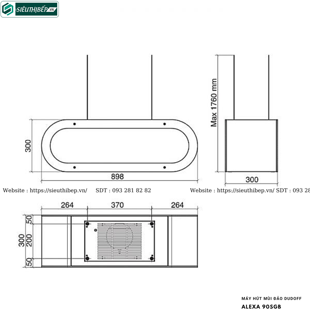 Máy hút mùi Dudoff ALEXA 90SGB (Đảo, treo độc lập - Made in Italy)