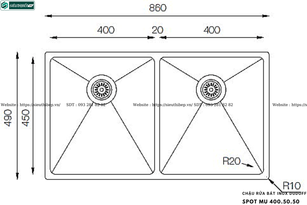Chậu rửa bát Dudoff SPOT MU 400.50.50 (Inox, 2 hộc đều - Made in Turkey)