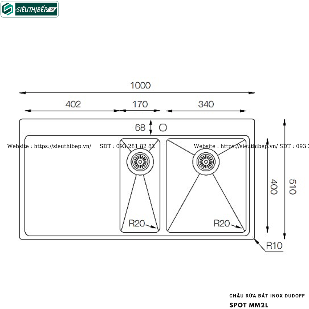 Chậu rửa bát Dudoff SPOT MM2L (Inox, 2 hộc 1 bàn chờ - Made in Turkey)