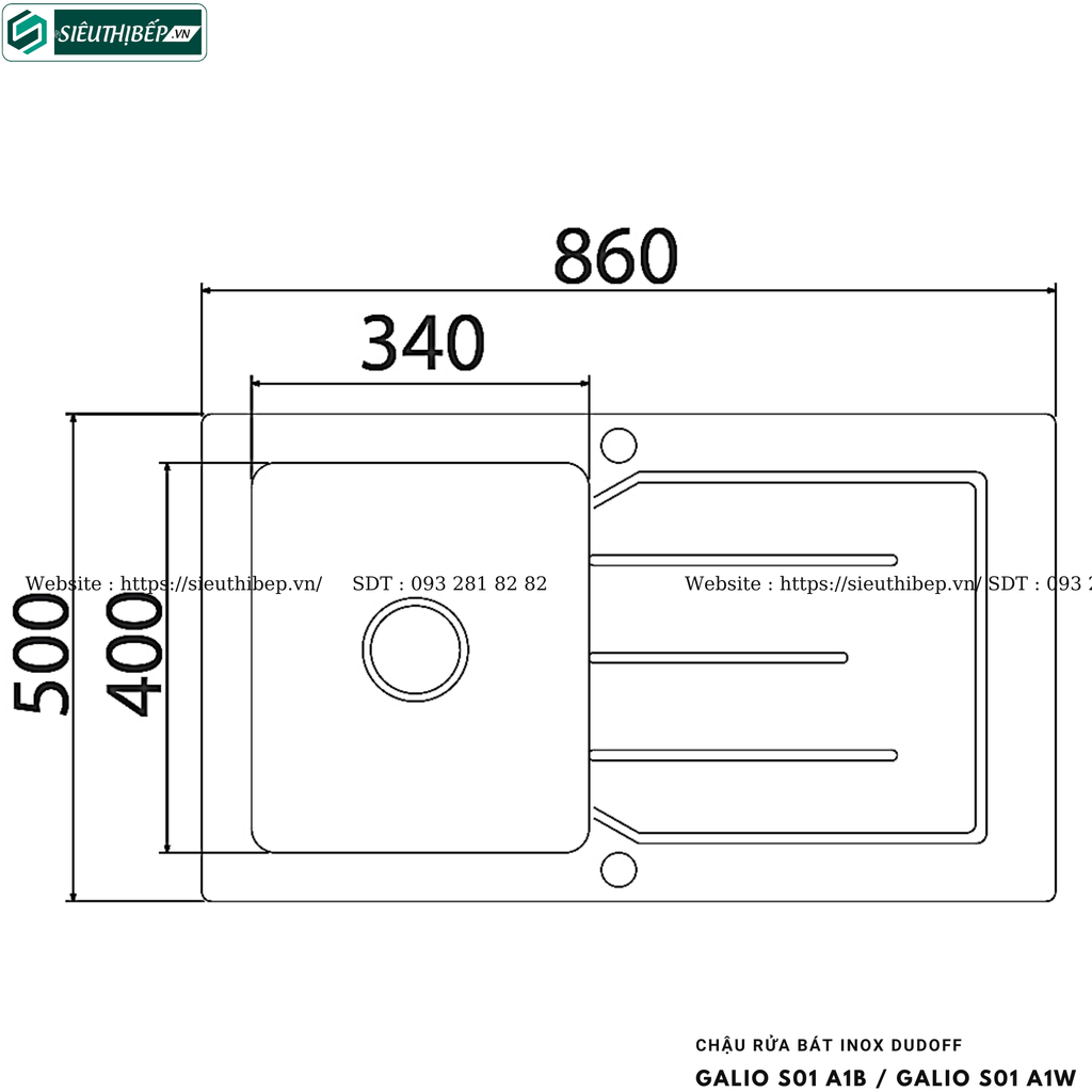 Chậu rửa bát Dudoff GALIO S01 A1B / GALIO S01 A1W (Inox, 1 hộc 1 bàn chờ - Made in Turkey)