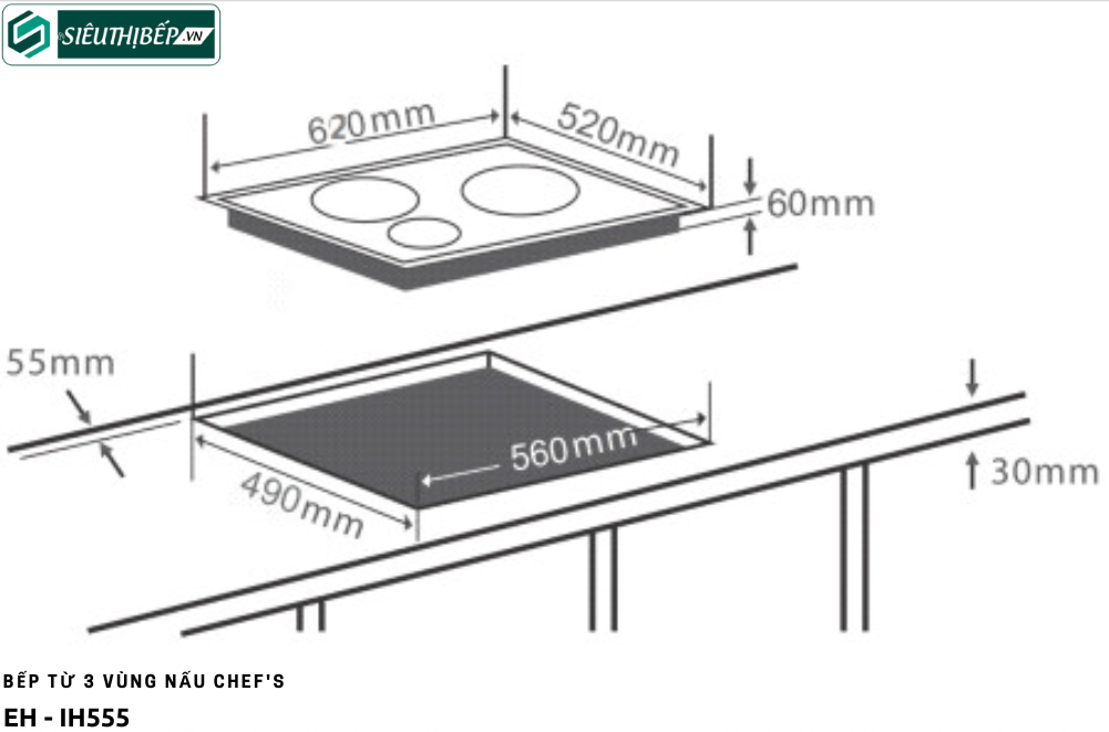 Bếp từ Chef's EH - IH555 (3 vùng nấu - Made in Germany) Inverter tiết kiệm điện