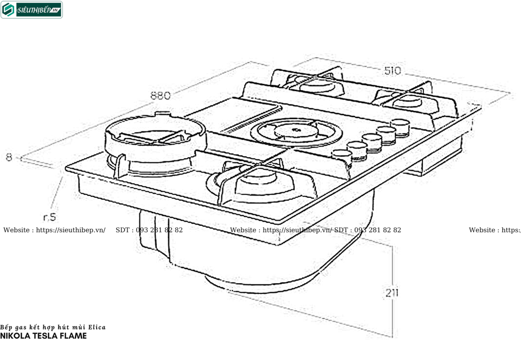Bếp gas kết hợp hút mùi Elica Nikola Tesla Flame (Made in Italya)