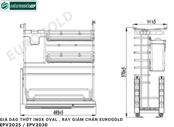 Giá dao thớt Eurogold EPV2025 / EPV2030 (Inox oval , ray giảm chấn)