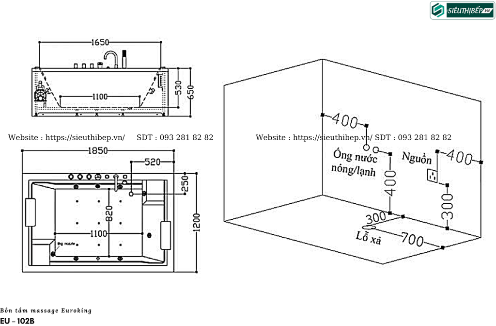 Bồn tắm massage Euroking EU – 102B (Hệ thống massage xoáy nước xung quanh lòng bồn)