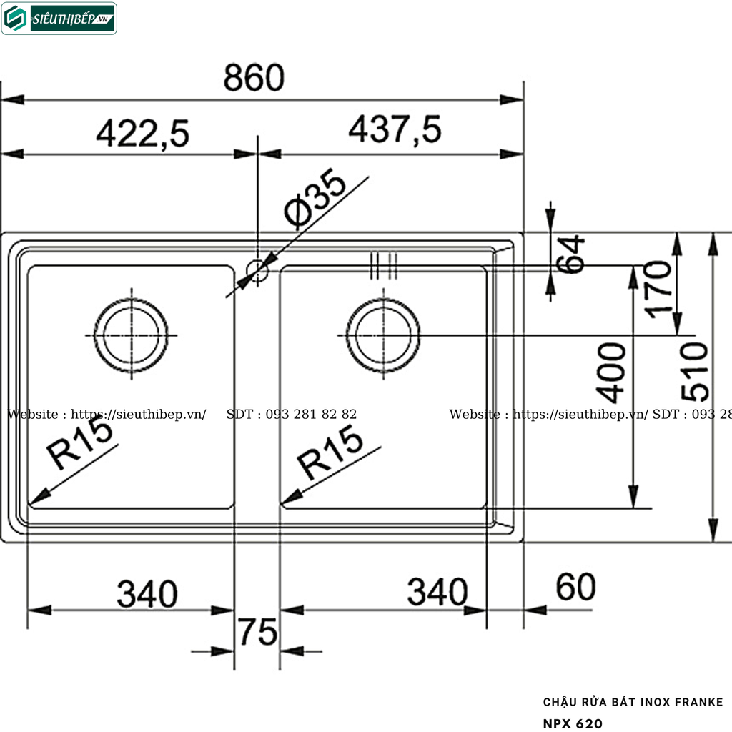 Chậu rửa bát Franke NPX 620 (Inox, 2 hộc - Made in Italy)