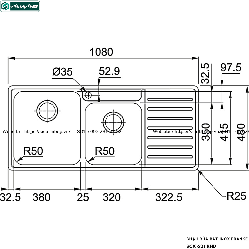 Chậu rửa bát Franke BCX 621 RHD (Inox, 2 hộc lệch 1 bàn chờ)