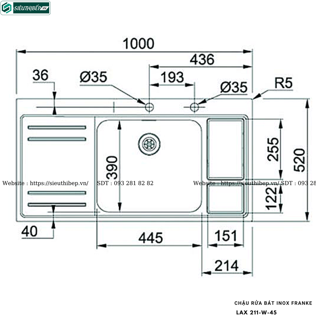 Chậu rửa bát Franke LAX 211-W-45 (Inox, 1 hộc 1 bàn chờ - Made in Switzerland)