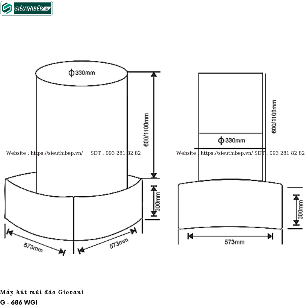 Máy hút mùi đảo Giovani G - 686 WGI (Treo độc lập)