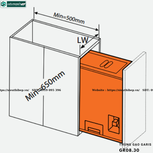 Thùng gạo Garis GR08.30 (Thùng gạo 1 khoang, 25kg, cánh kéo/mở, kích thước mặt cánh 300mm)