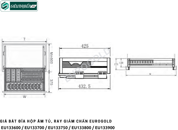 Giá bát đĩa Eurogold EU133600 / EU133700 / EU133750 / EU133800 / EU133900 (Inox hộp âm tủ, ray giảm chấn)