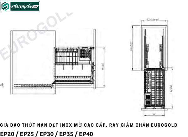 Giá dao thớt Eurogold EP20 / EP25 / EP30 / EP35 / EP40 (Nan dẹt inox mờ cao cấp, ray giảm chấn)