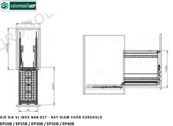 Giá gia vị Eurogold EP20B / EP25B / EP30B / EP35B / EP40B (Inox nan dẹt - ray giảm chấn)