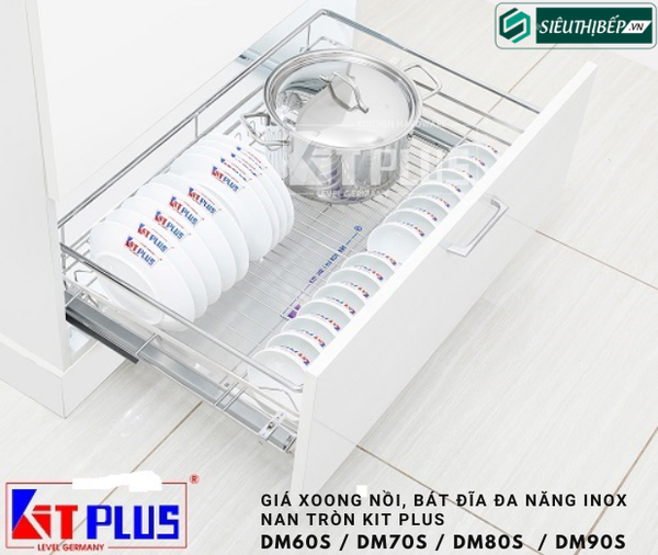 Giá xoong nồi, bát đĩa đa năng Kit Plus DM60S / DM70S / DM80S  / DM90S (Lắp âm tủ - lắp gắn cánh - Inox nan tròn)