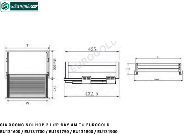 Giá xoong nồi Eurogold EU131600 / EU131700 / EU131750 / EU131800 / EU131900 (Inox hộp 2 lớp đáy âm tủ)