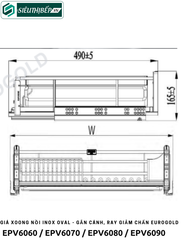 Giá xoong nồi Eurogold EPV6060 / EPV6070 / EPV6080 / EPV6090 (Inox oval - gắn cánh, ray giảm chấn)