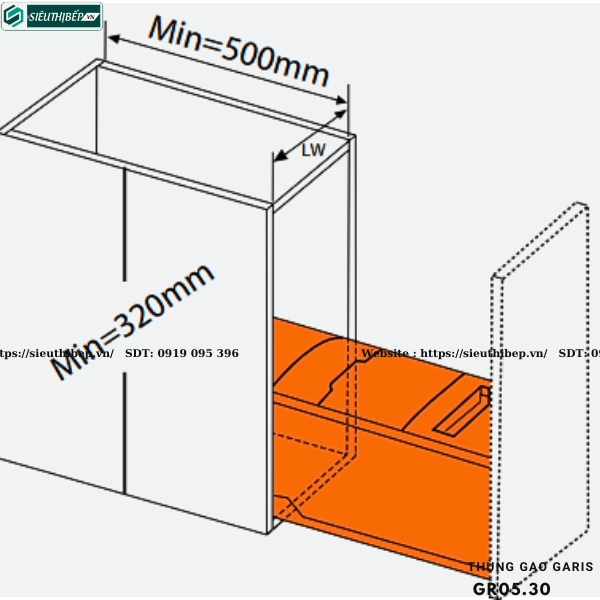 Thùng gạo Garis GR05.30 (1 khoang, 10kg, cánh kéo/mở, kích thước mặt cánh 300mm)