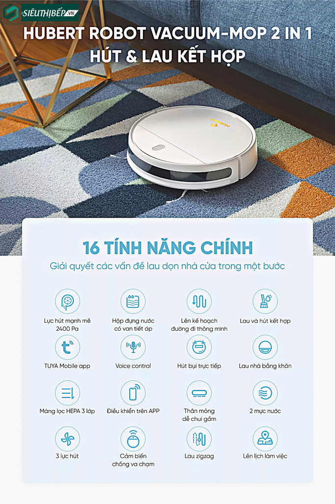 Robot hút bụi lau nhà Hubert HB - D68 - W / HB - D68 - B (Điều khiển bằng APP, giọng nói)