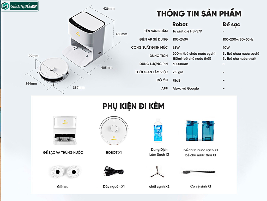 Robot hút bụi lau nhà Hubert HB - S79 (Màu trắng - Điều khiển bằng APP)