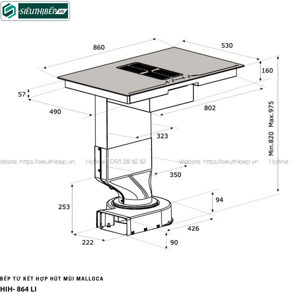 Bếp từ kết hợp hút mùi Malloca HIH- 864 LI (đèn) / HIH- 864 LI