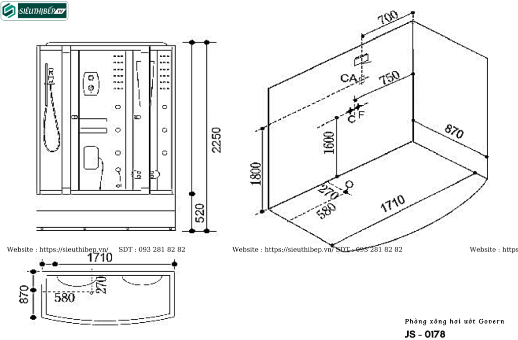Phòng tắm xông hơi ướt Govern JS - 0178 (Bồn massage, sục khí, đèn Led)