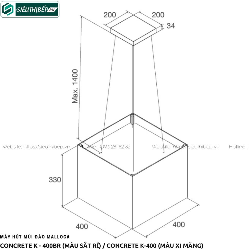 Máy hút mùi đảo Malloca CONCRETE K - 400BR / CONCRETE K-400 (Treo độc lập - Vuông)