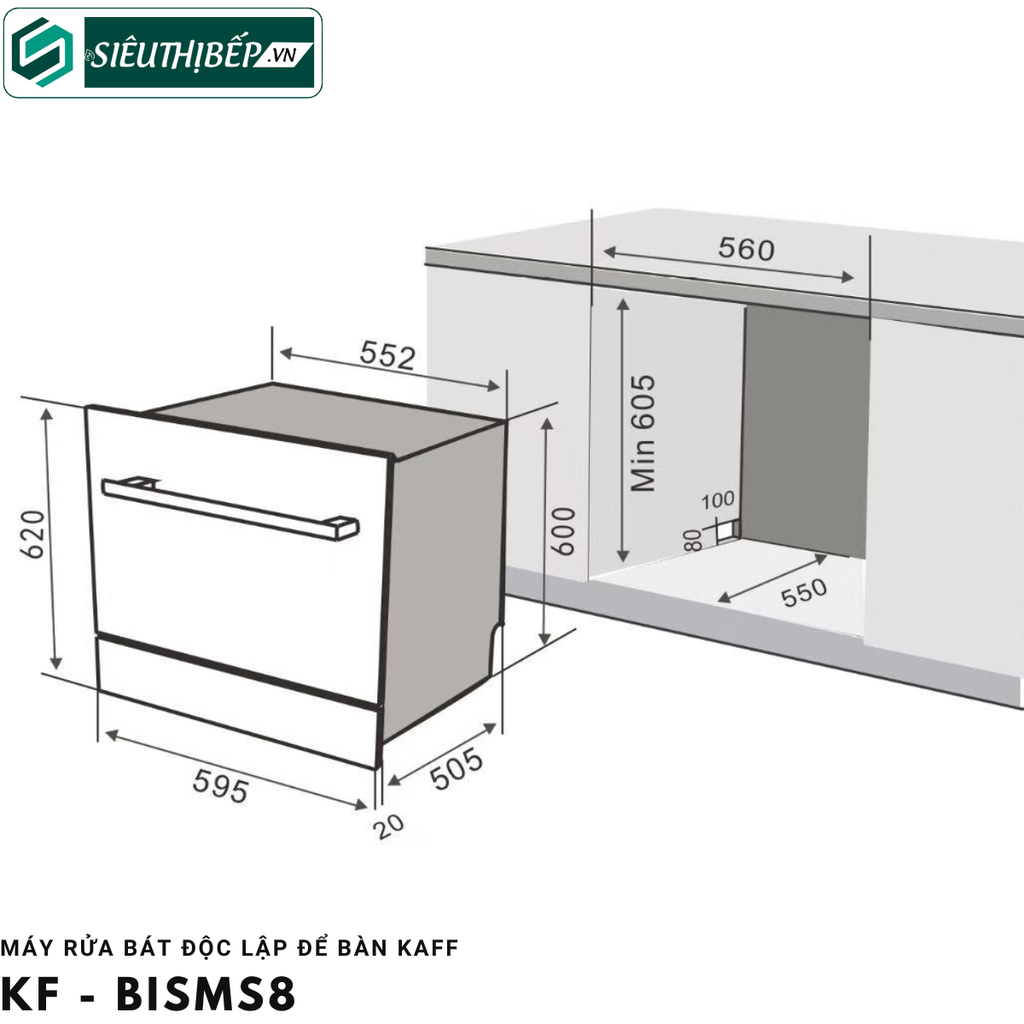 Máy rửa bát nhỏ Kaff KF - BISMS8 (Độc lập để bàn - 8 đồ ăn Châu Âu)