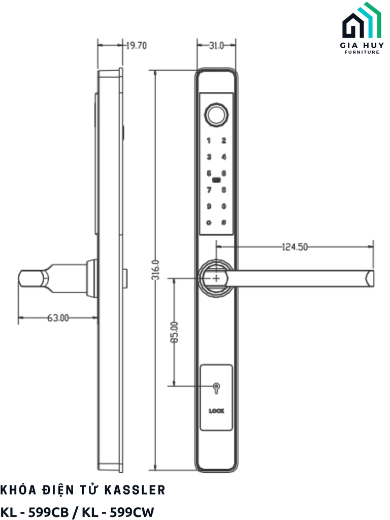 Khóa điện tử Kassler KL - 599CB / KL - 599CW mở khóa bằng APP Bluetooth điện thoại thông minh (Chuyên dụng cho cửa nhôm Xingfa, sắt)