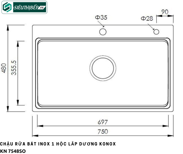 Chậu rửa bát Konox KN 7548SO (Inox 1 hộc lắp dương)