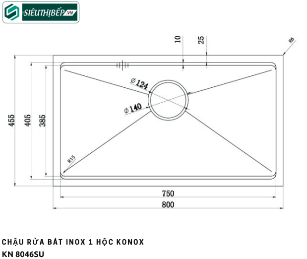 Chậu rửa bát Konox KN 8046SU (Inox 1 hộc - Bộ Full phụ kiện)