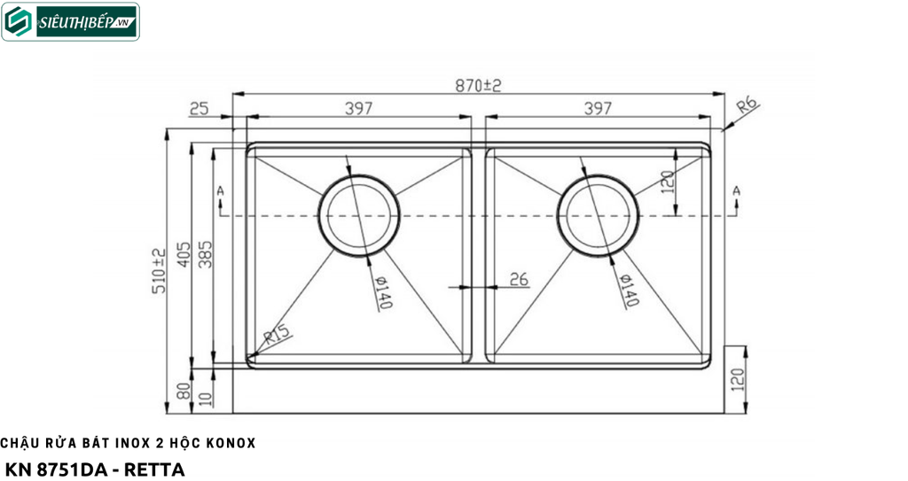 Chậu rửa bát Konox KN 8751DA - Retta (Inox 2 hộc đều)