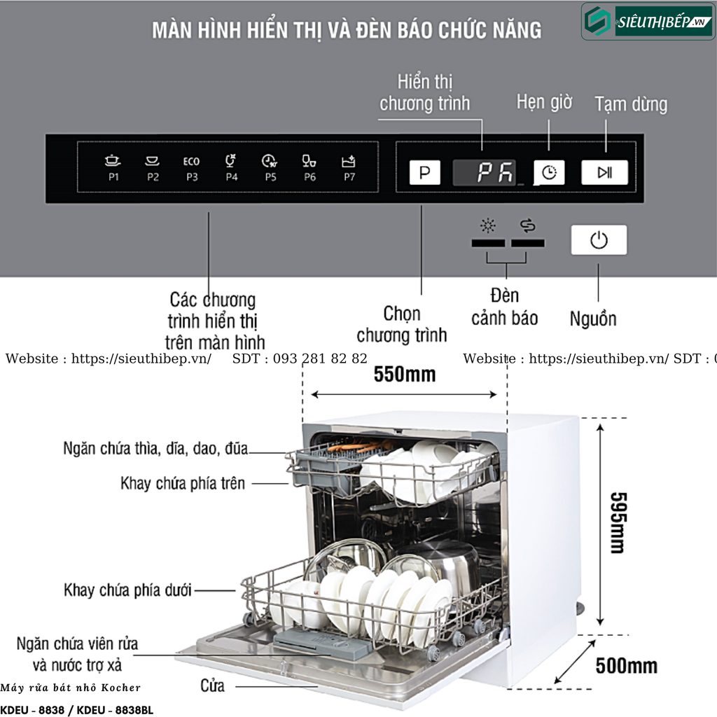 Máy rửa bát nhỏ Kocher KDEU - 8838 / KDEU - 8838BL ( 8 bộ bát đĩa Châu Âu - Made in Malaysia)