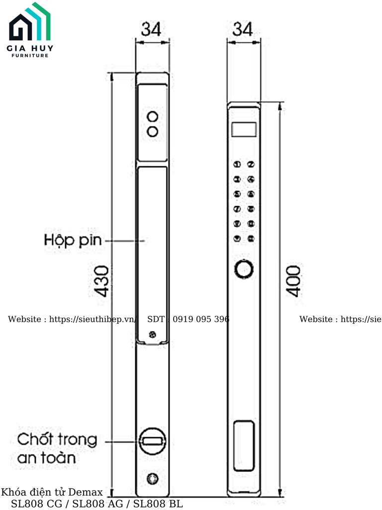 Khóa điện tử Demax SL808 CG / SL808 AG / SL808 BL (Champagne Gold / Xám nhôm / Đen - Mở khóa bằng APP WIFI - Dùng cho cửa nhôm, sắt , inox)